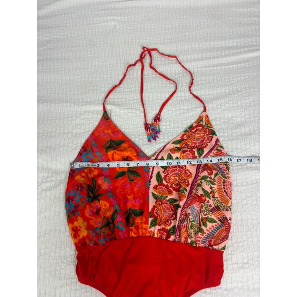 FARM Rio Floral Patchwork Bodysuit Small Red Tropical Boho Surplice Cami - Picture 12 of 14